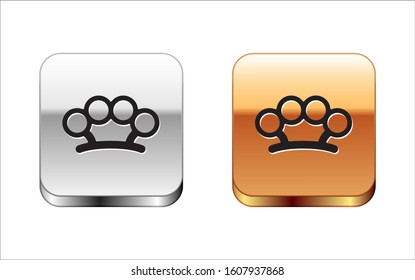 Black Brass knuckles icon isolated on white background. Silver-gold square button. Vector Illustration
