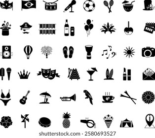 Black Brazil Carnival Icon Set. Vector Icons Mask, Brazil Flag, Drum, Microphone, Soccer Ball, Maracas, Coconut Cocktail, Carnival Hat, Cachaca, Candy Apple, Garlands, Darbuka, and More