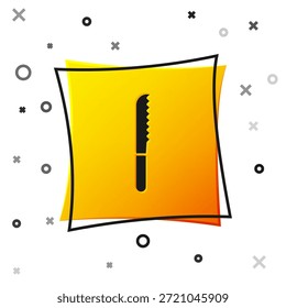 Ícone de faca de pão preto isolado no fundo branco. Símbolo de talheres. Botão quadrado amarelo. Ilustração de vetor