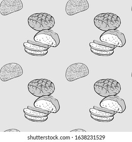 Black bread seamless pattern greyscale drawing. Useable for wallpaper or any sized decoration. Handdrawn Vector Illustration