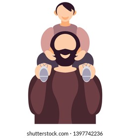 Black breaded man holding boy on shoulders. Smiling dad caring his son. Parent and child isolated on white background. Happy Father's day cartoon illustration. Flat vector for greeting postcard