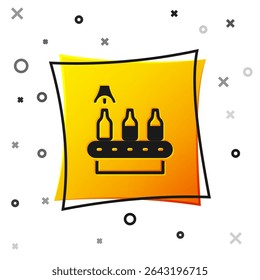 Black Brewery factory production line pouring alcoholic drink in glass bottles icon isolated on white background. Yellow square button. Vector