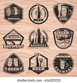 Black brewery labels set with beer elements in vintage style on wooden background isolated vector illustration