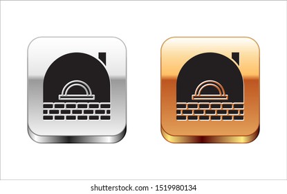 Black Brick stove icon isolated on white background. Brick fireplace, masonry stove, stone oven icon.Silver-gold square button. Vector Illustration