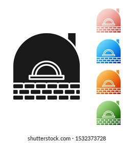 Black Brick stove icon isolated on white background. Brick fireplace, masonry stove, stone oven icon.Set icons colorful. Vector Illustration