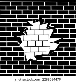 black brick wall with broken hole icon, simple broken insecure building sign flat design pictogram concept vector for app ad web banner button ui ux interface elements isolate on white background