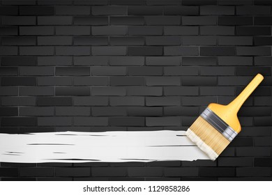 Black brick wall and brush with paint line and space for text. Vintage Rural room and fashion interior. Grunge Industrial Texture. Background of home repair. Vector Illustration.