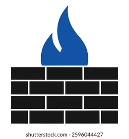 A black brick wall graphic with a single blue flame icon symbolizing network firewall, cybersecurity, and digital protection. Perfect for security themes and firewall concepts.