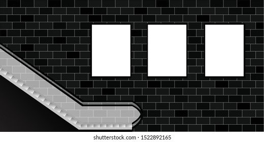 The black brick wall has an escalator with a billboard.