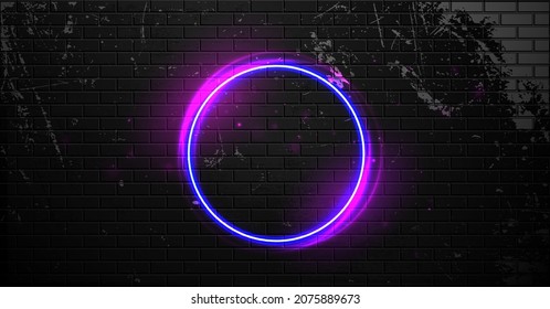 Black brick wall with neon ring frame. Night club electric sign. Neon lamp circle frame. Vector illustration.