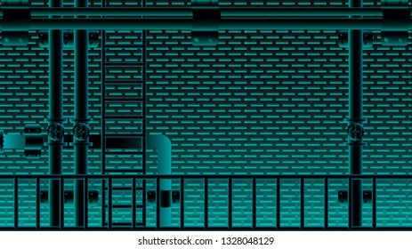 black brick wall and water pipe stair neno blue lighting blink. vector illustration eps10.
