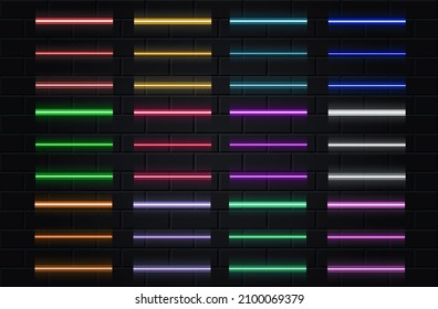 Black brickwall background with examples of neon light lamps
