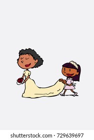 Black bride arriving at the altar for her wedding. Vector isolated character.
