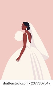 Novia Negra Con Velo Blanco Y Un Bouquet De Flores. Ilustración del vector