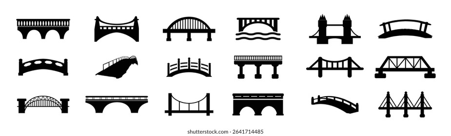 Black bridge icon collection. Set of different bridge icons