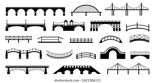 Black bridges silhouettes. Isolated bridge icons, urban architecture constructions elements. Transportation and city logistic, decent vector set