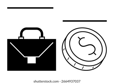 Maletín negro junto a una moneda de dólar, que representa las finanzas, los negocios y el éxito. Ideal para branding corporativo, servicios financieros, promociones de negocios, temas de inversión, temas monetarios