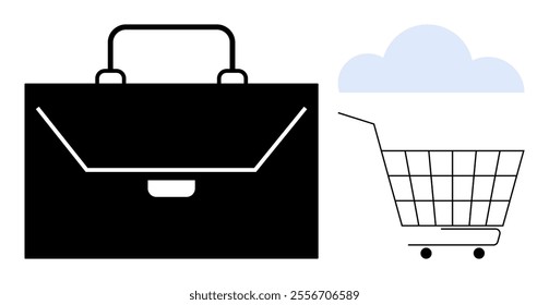 Black briefcase beside shopping cart with blue cloud. Ideal for business shopping e-commerce marketing cloud storage symbolism vector style simple minimalistic concept