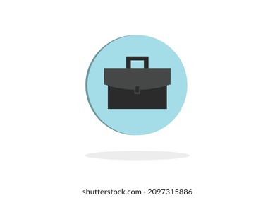 Black briefcase in a blue circle, icon on white background with shadow below, vector size.