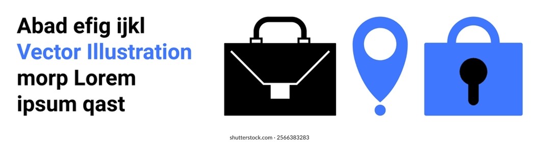 Black briefcase, blue map pin, and blue lock with keyhole highlight business security and protection. Ideal for cybersecurity, business travel safety, data security, secure locations, online privacy