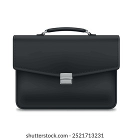 Black briefcase business bag accessory for document carrying realistic vector illustration. Fashion portfolio with lock minimalistic suitcase with handle for work paperwork corporate employer luggage