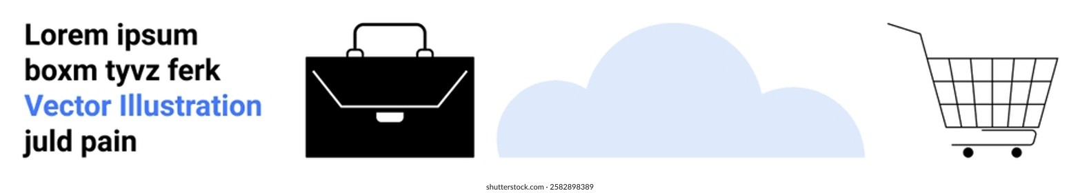 Black briefcase, cloud, and shopping cart with lorem ipsum text. Ideal for business, technology, cloud services, e-commerce, and marketing strategies. Banner for landing page