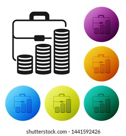 Black Briefcase and coin icon isolated on white background. Business case sign. Business portfolio.  Set icons colorful circle buttons. Vector Illustration