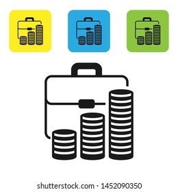 Black Briefcase and coin icon isolated on white background. Business case sign. Business portfolio.  Set icons colorful square buttons. Vector Illustration