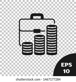 Black Briefcase and coin icon isolated on transparent background. Business case sign. Business portfolio. Vector Illustration Black Briefcase and coin icon isolated on transparent background. Business case sign. Business portfolio. Vector Illustration