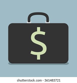 Black briefcase with dollar sign. Flat style. Wealth, success, investment, business concept. EPS 8 vector illustration, no transparency