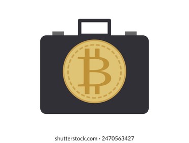 Black briefcase with golden bitcoin coin.