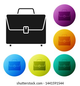 Black Briefcase icon isolated on white background. Business case sign. Business portfolio. Set icons colorful circle buttons. Vector Illustration