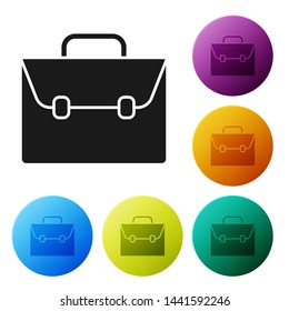 Black Briefcase icon isolated on white background. Business case sign. Business portfolio. Set icons colorful circle buttons. Vector Illustration