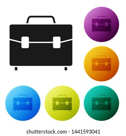 Black Briefcase icon isolated on white background. Business case sign. Business portfolio. Set icons colorful circle buttons. Vector Illustration