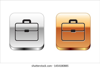 Black Briefcase icon isolated on white background. Business case sign. Business portfolio.  Silver-gold square button. Vector Illustration