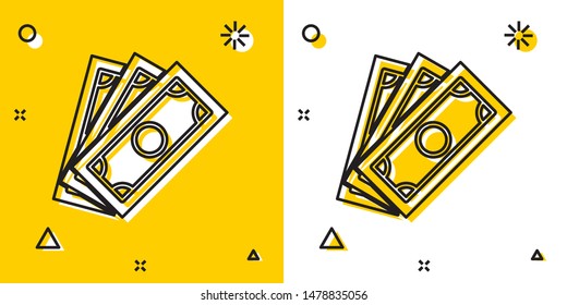 Black Briefcase icon isolated on yellow and white background. Business case sign. Business portfolio. Random dynamic shapes. Vector Illustration