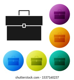 Black Briefcase icon isolated on white background. Business case sign. Business portfolio. Set icons colorful circle buttons. Vector Illustration