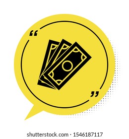 Black Briefcase icon isolated on white background. Business case sign. Business portfolio. Yellow speech bubble symbol. Vector Illustration