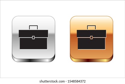 Black Briefcase icon isolated on white background. Business case sign. Business portfolio. Silver-gold square button. Vector Illustration