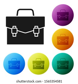 Black Briefcase icon isolated on white background. Business case sign. Business portfolio. Set icons colorful circle buttons. Vector Illustration
