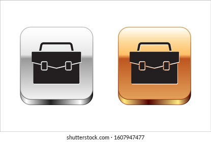 Black Briefcase icon isolated on white background. Business case sign. Business portfolio. Silver-gold square button. Vector Illustration