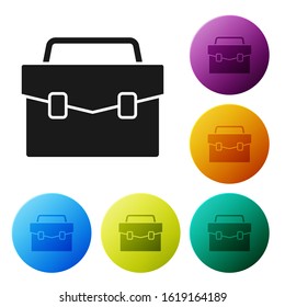 Black Briefcase icon isolated on white background. Business case sign. Business portfolio. Set icons colorful circle buttons. Vector Illustration