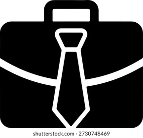 Un icono de maletín negro con una corbata, sobre un fondo blanco puro, que representa el negocio y el profesionalismo