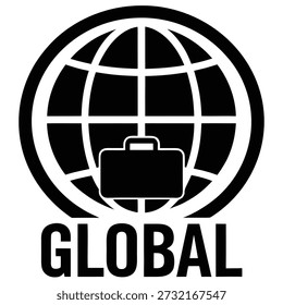 Un maletín negro dentro de un contorno de globo con la palabra 'GLOBAL' a continuación, que representa los negocios y el comercio internacionales.