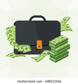 Black Briefcase. Money Bag Icon With Pile Of Money. Stack Of Coins, Dollar Cash In Suitcase. Business Case Image. Flat Vector Cartoon Illustration. Objects Isolated On A White Background.