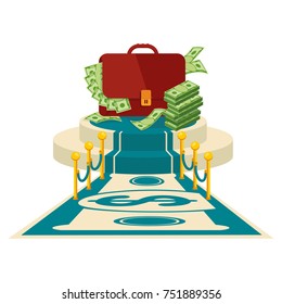 Black briefcase. Money bag icon on award podium. Dollar cash in suitcase. Objects isolated on a white background.