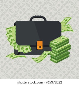 Black briefcase. Money bag icon with pile of money. Stack of coins, dollar cash in suitcase. Flat vector cartoon illustration. Objects isolated on a white background.