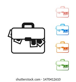Black Briefcase and money icon isolated on white background. Business case sign. Business portfolio.  Set icons colorful. Vector Illustration