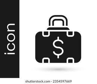 Black Briefcase and money icon isolated on white background. Business case sign. Business portfolio.  Vector