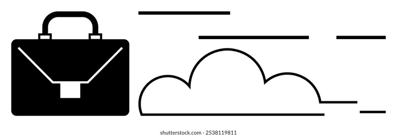 Maletín negro junto a una nube con líneas que implican movimiento. Ideal para almacenamiento en la nube, soluciones de negocio, transformación digital, estrategia corporativa, trabajo remoto. Minimalista, limpio, moderno